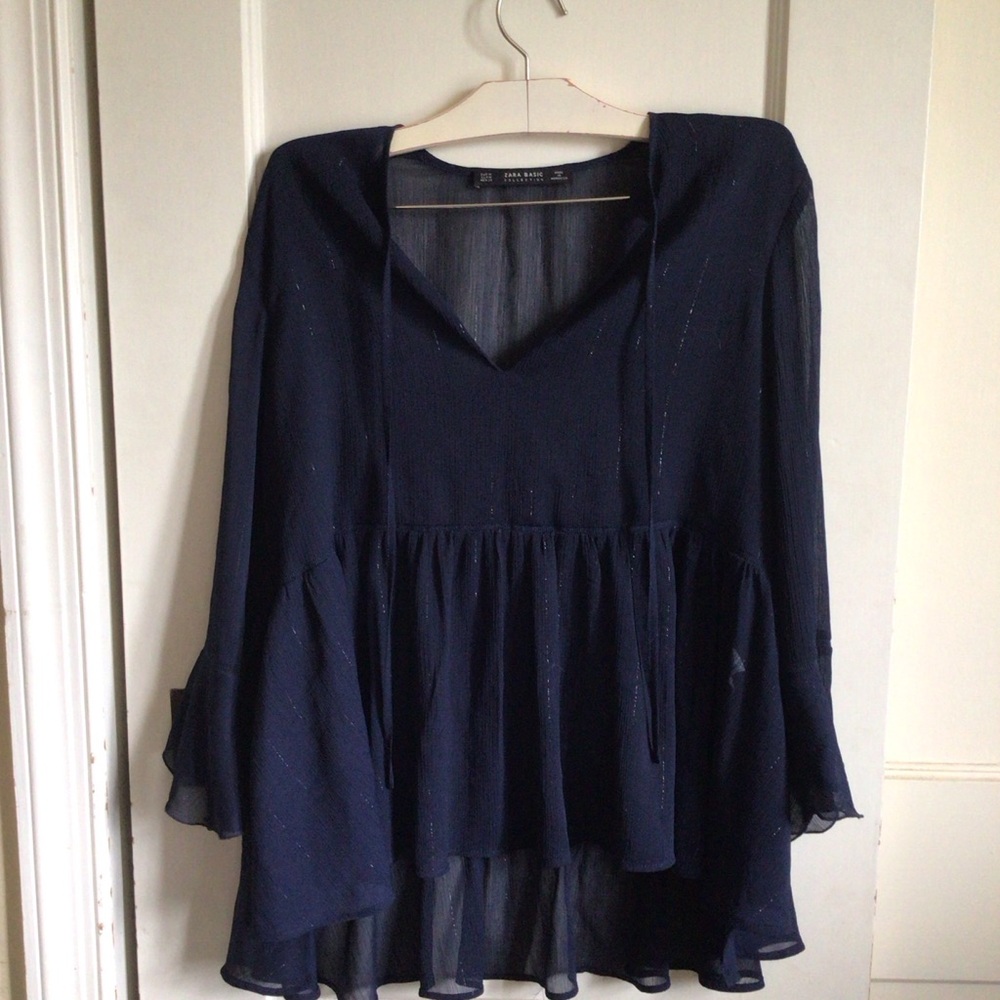 Zara Navy V-Neck Peplum Tunic Top